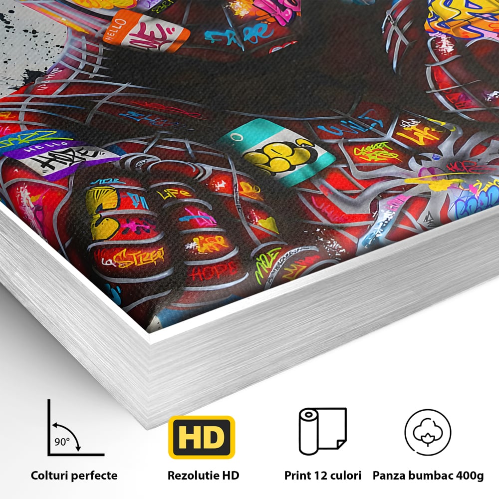Detaliu al suprafetei: tablou canvas cu omul paianjen in stil grafitti, in rama de aluminiu argintiu